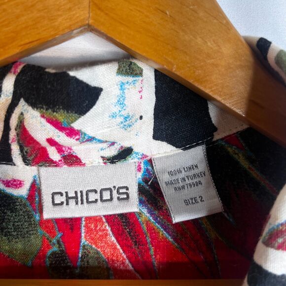 Chicos 100% Linen Bold Maximalist Button Front Mixed Print Floral Top Size 2/MD - Picture 6 of 8